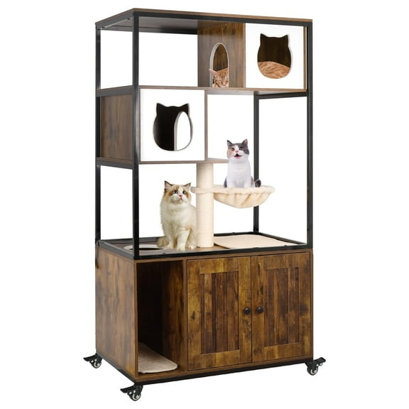 Gowoodhut Cat Tree Furniture, Cat Litter Box Enclosure Furniture with Caster