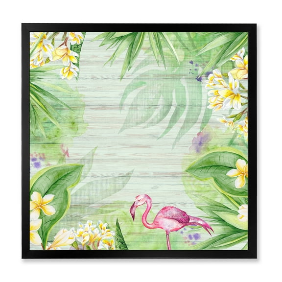 Designart 'Yellow Flowers, Tropical Foliage With Flamingo I' Modern Framed Art Print
