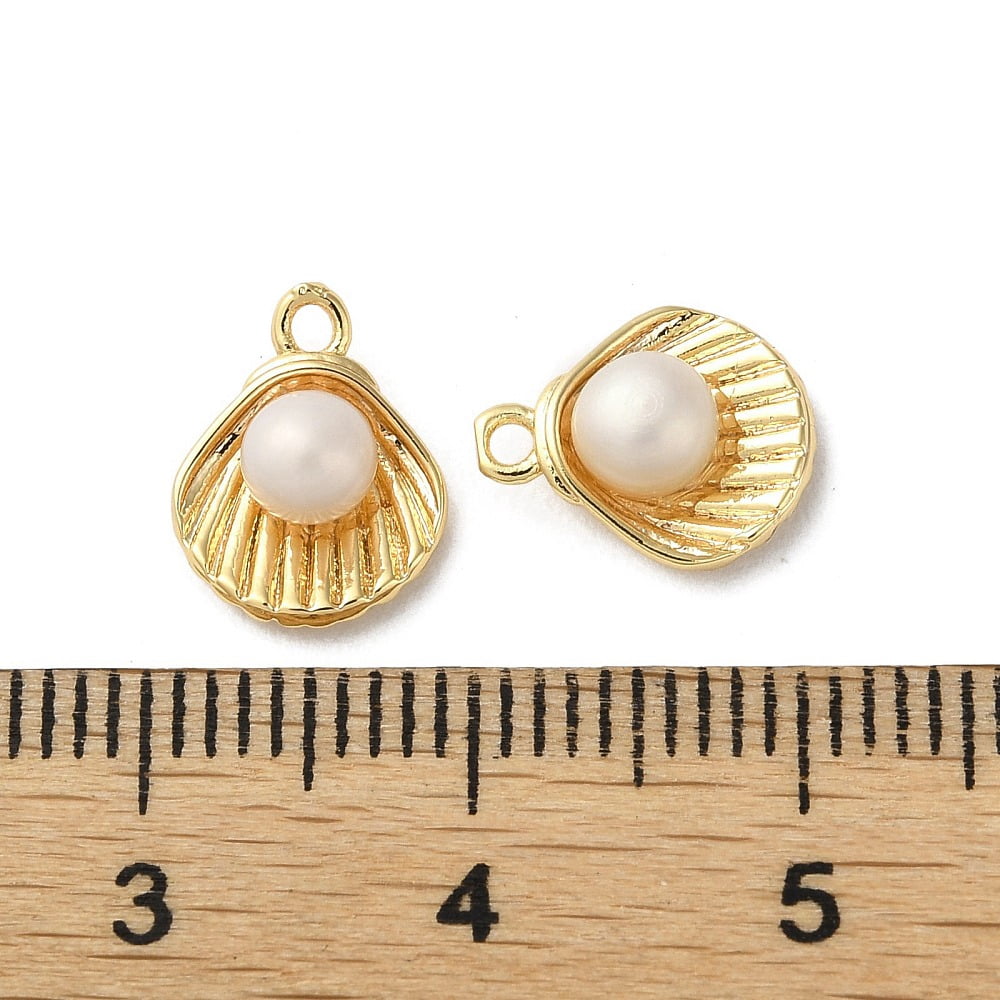 Brass Charms with Imitation Pearl Beads Shell Shape Charms Real 18K Gold Plated 10.5x8.5x4.5mm Hole: 1mm
