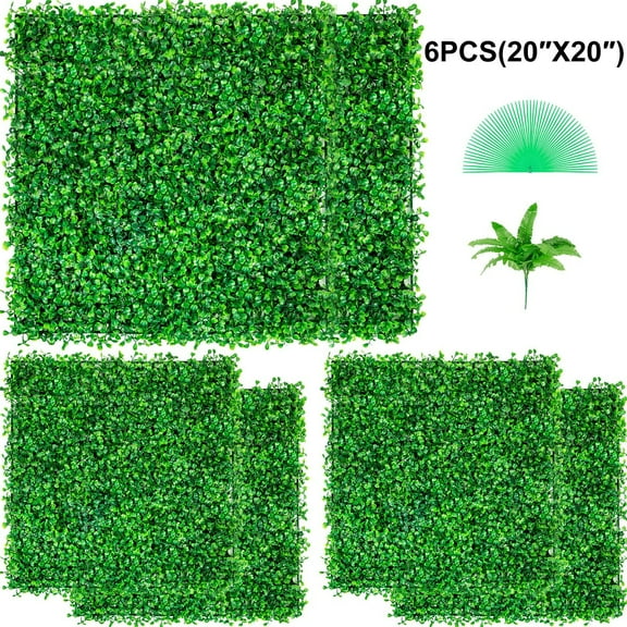 6pcs Artificial Boxwood Hedge Panels 20"x20", UV Resistant Fake Grass Wall, Indoor/Outdoor Privacy Fence, Garden Backdrop for Patio, Yard, Deck Decor – Green