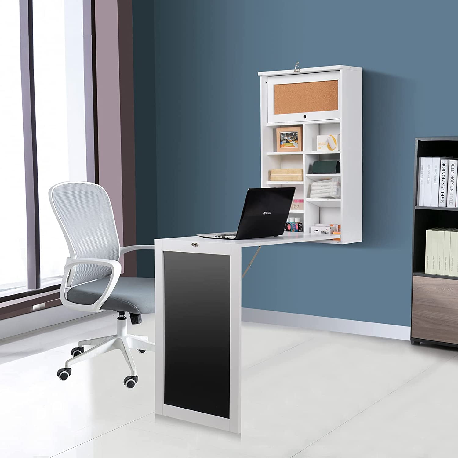 Sortwise Wall Mounted Fold Out Convertible Office Desk Multi Function Floating Desk Space Saving Computer Desk With Chalkboard And Large Storage Area