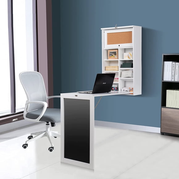 Wall Mounted Table, Fold Out Convertible Desk Multi-Function Office Computer Desk Writing Desk,Wood Wall Floating Desk with Chalkboard and Large Storage Area