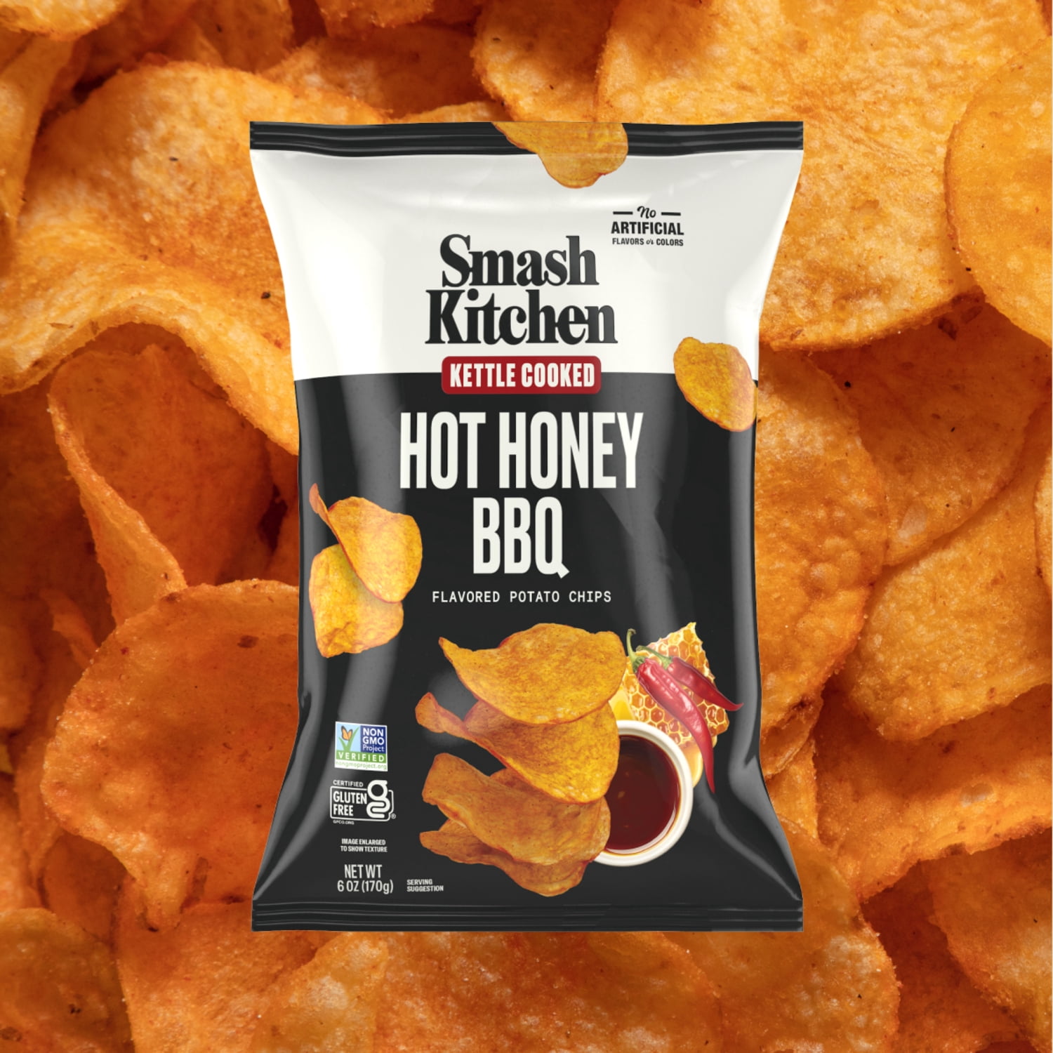 (6 pack) Smash Kitchen Hot Honey BBQ Non-GMO Kettle Chips, 6 oz