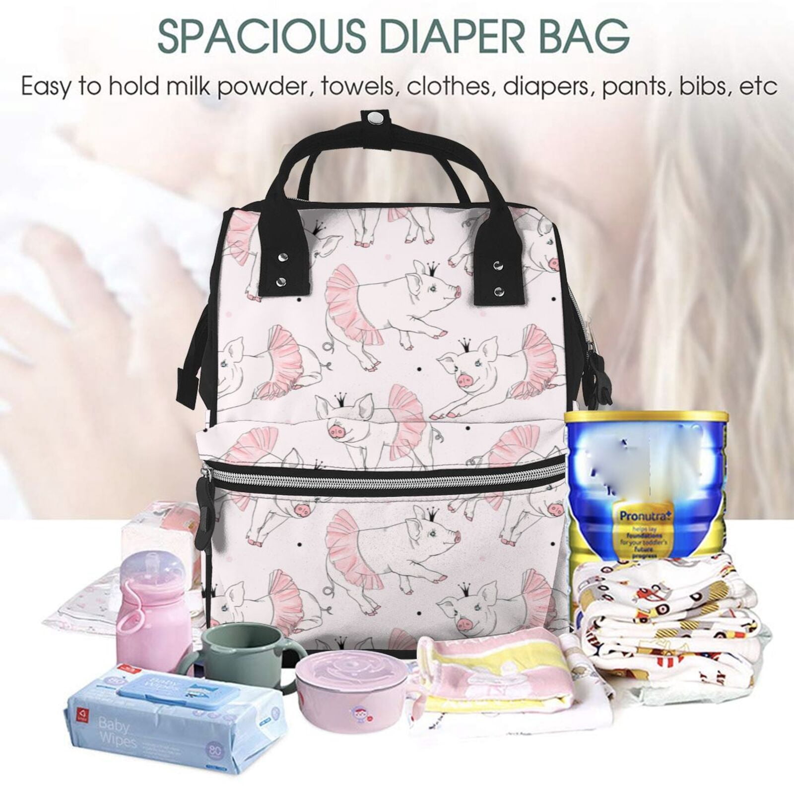 Fuzoiu Cute Piggy Ballerina Print Diaper Bag Backpack,Baby Essentials Travel Tote,Multi function Waterproof Diaper Bag, Travel Essentials Baby Bag - Unisex