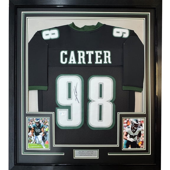 Framed Autographed/Signed Jalen Carter 35x39 Philadelphia Black Football Jersey Beckett BAS COA