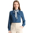 thumbnail image 1 of Blusa superior de oficina de trabajo para mujer, cuello con volantes, manga larga, camisa abotonada con cinta Azul S, 1 of 6