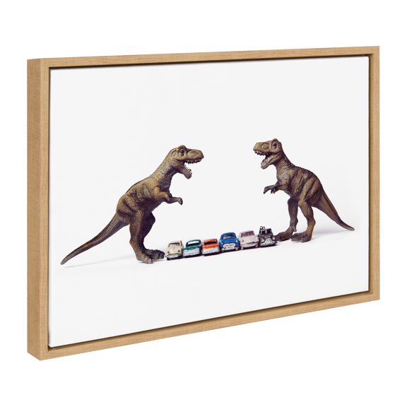 Kate and Laurel Sylvie Dino Cars Faceoff Framed Canvas Wall Art by Saint and Sailor Studios, 18x24 Natural, Modern Colorful Car Toys Art for Wall