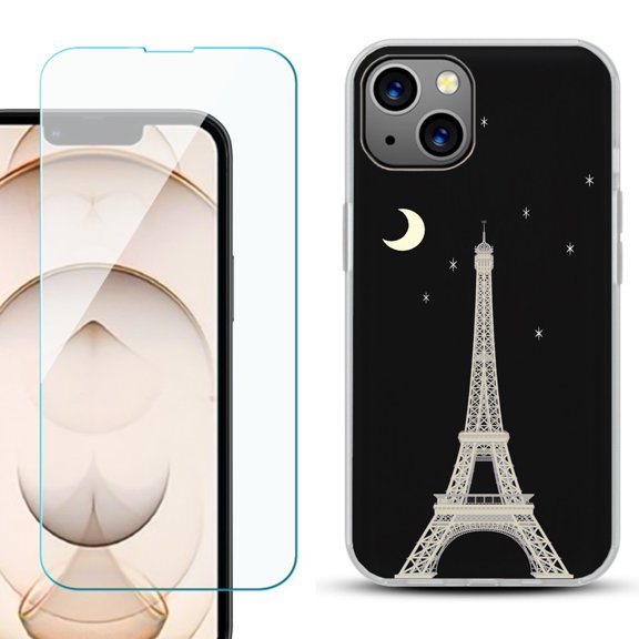 Slim-Fit Flexible TPU Gel Phone Case for iPhone 13, with Tempered Glass Screen Protector, by OneToughShield ® - Eiffel Tower Moon