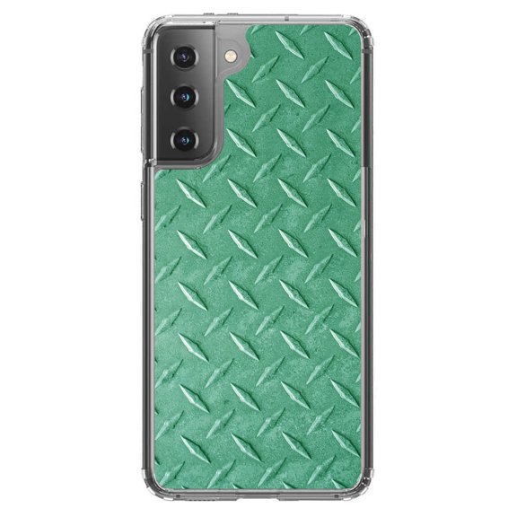 DistinctInk Clear Shockproof Hybrid Case for Galaxy S21  PLUS 5G (6.7" Screen) - TPU Bumper, Acrylic Back, Tempered Glass Screen Protector - Green Diamond Plate Steel Image Print Faux Diamond Plate