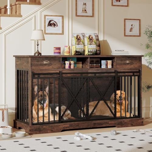 63 Inch Wooden Double Dog Crate Furniture, Removable Divider Storage Drawer Shelf, Heavy Duty Indoor Kennel Cabinet, Brown