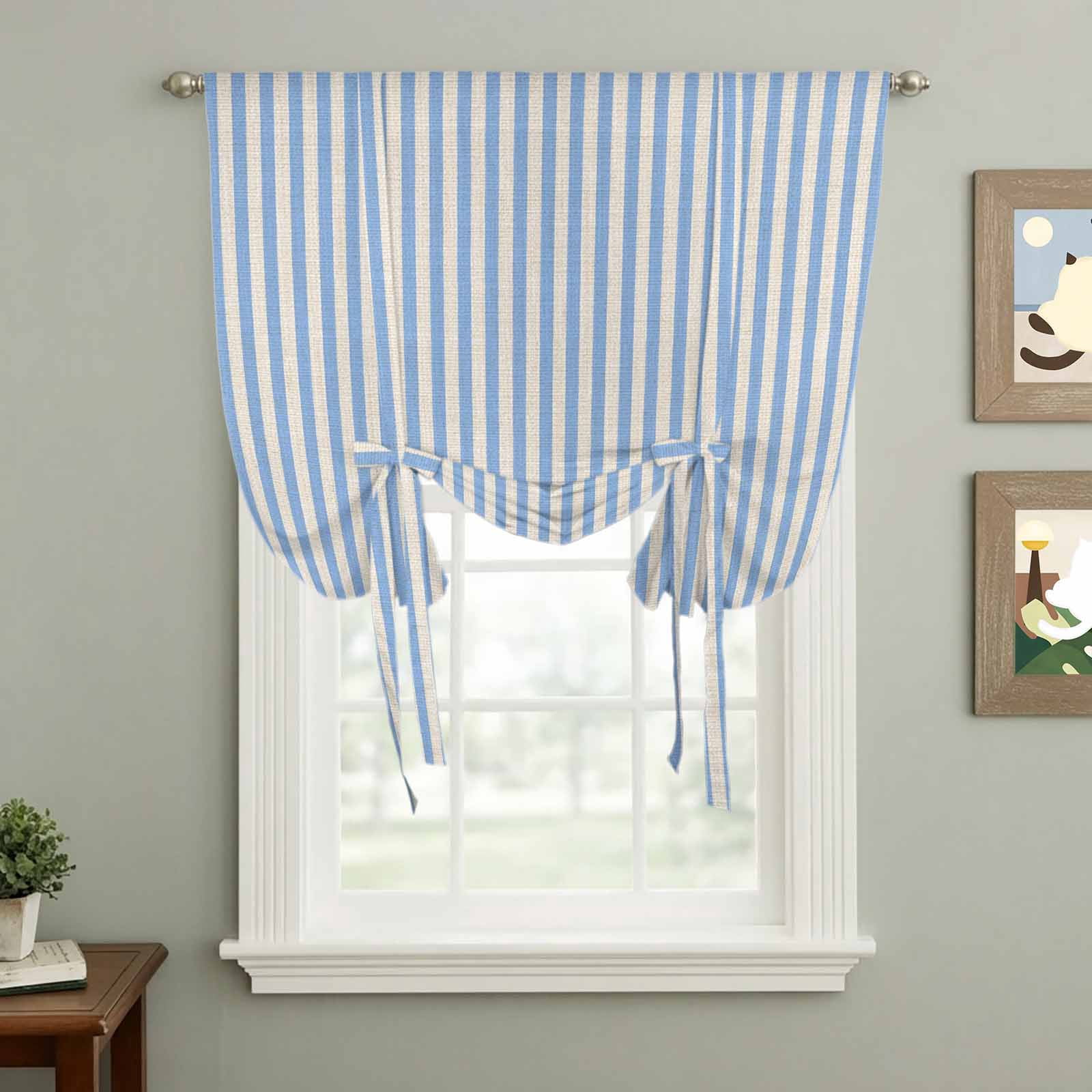 Simple White Striped Tie Up Curtain for Window, Blue Stripe Vintage Linen Texture Adjustable Tie Up Balloon Curtain Valances Rod Pocket Window Treatment for Kitchen Bathroom Bedroom 34"x45"