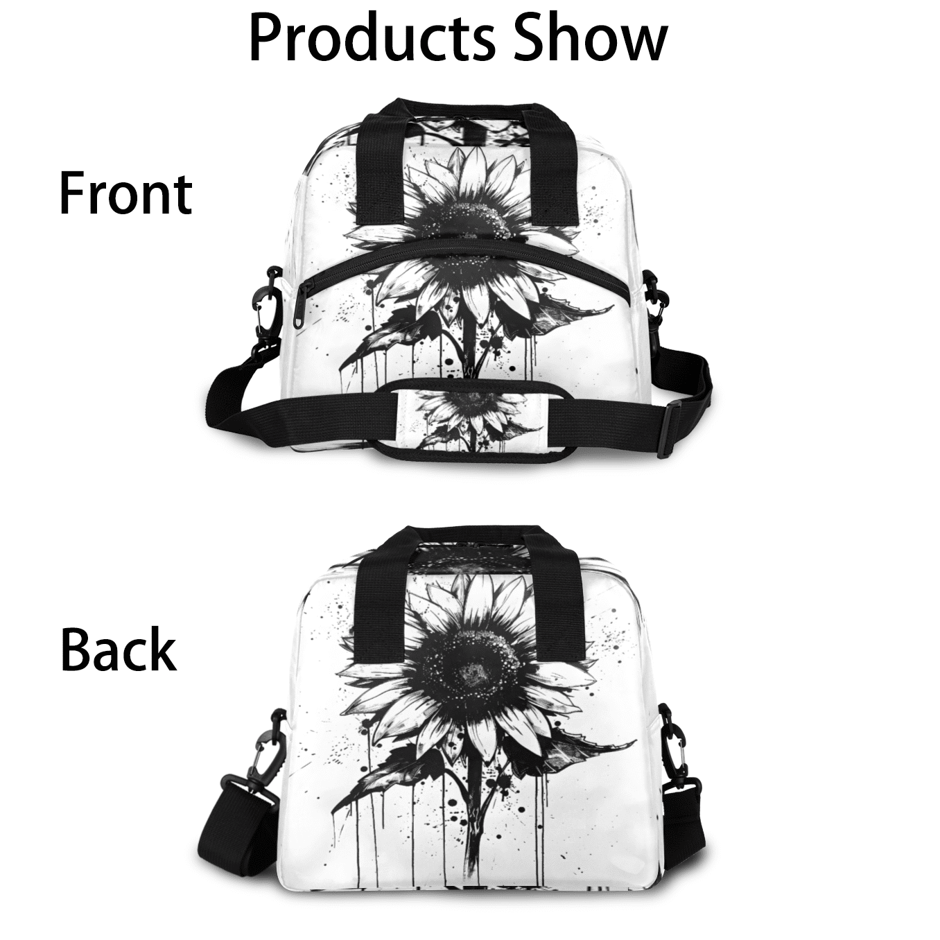 Herdesigns Sunflower Black Insulated Lunch Bag for Women Men Adults Large Reusable Lunch Box Leakproof Portable Cooler Tote Bags with Adjustable Shoulder Strap