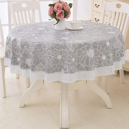

Round Vinyl Oilcloth Lace Tablecloth Waterproof PVC Plastic Wipeable Heavy Duty Oil Spillproof Circle Tablecloth for Kitchen BBQ Blue Leaf