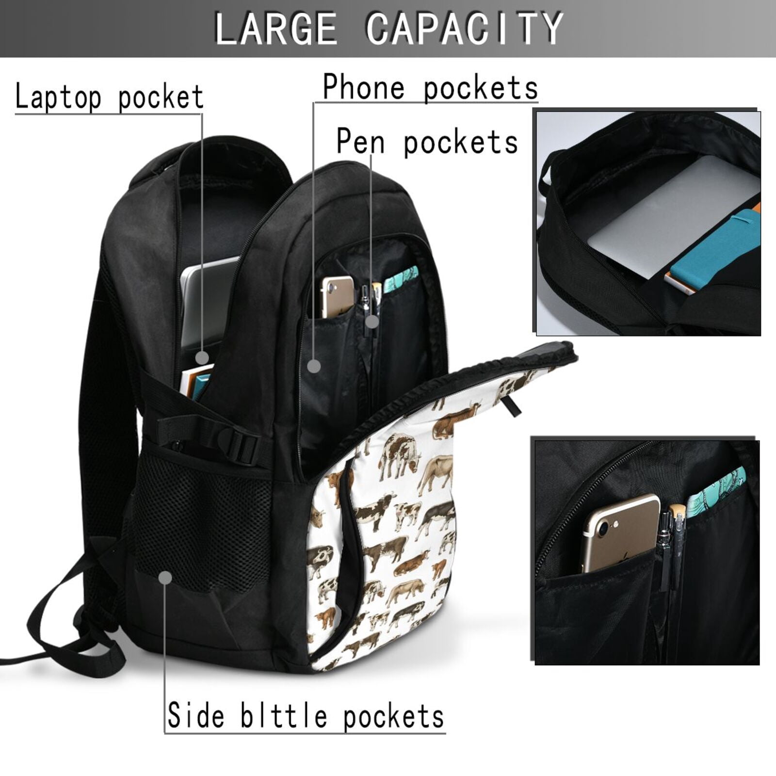 Ratiio Cow Print Travel Laptop Backpack,Slim Sturdy Laptops Backpack with USB Charging Port, Water Resistant College School Computer Bag