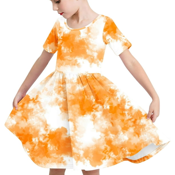 Odeerbi Niñas Gradiente Tie-Dye Skater Vestido Verano Flamed Swing Vestido Niños Manga Corta Elástico Vestido de Una Línea