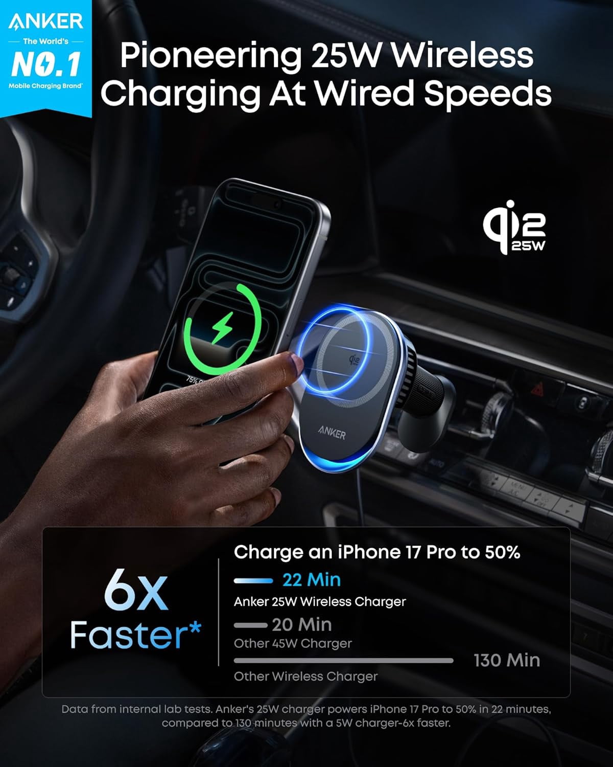 Anker Prime MagSafe Car Mount Charger, Qi2 25W Certified Wireless Car Charger with TEC Cooling, Strong Magnets, Air Vent Mount Compatible for iPhone 17-12 Series