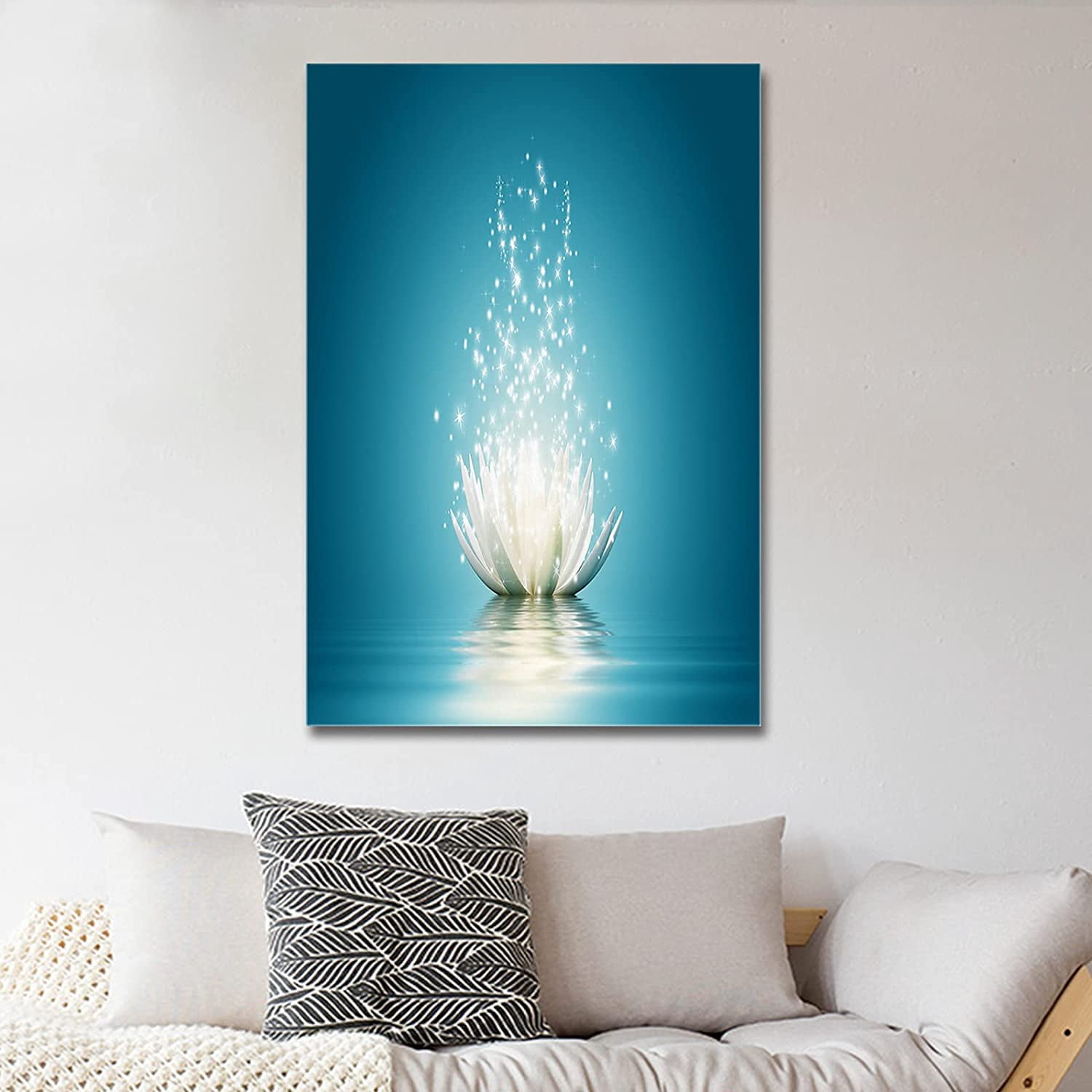 Teal Lotus Flower Canvas Wall Art Turquoise Decor for Bedroom Bathroom Abstract Picture Print Painting,Framed Artwork for Living Room,Office 12"Wx18"L