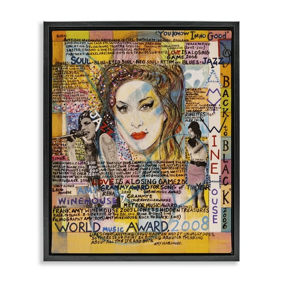 Stupell Industries Amy Winehouse Collage People Drawing Black Floater Framed Canvas Art Print Wall Art, 17 x 21