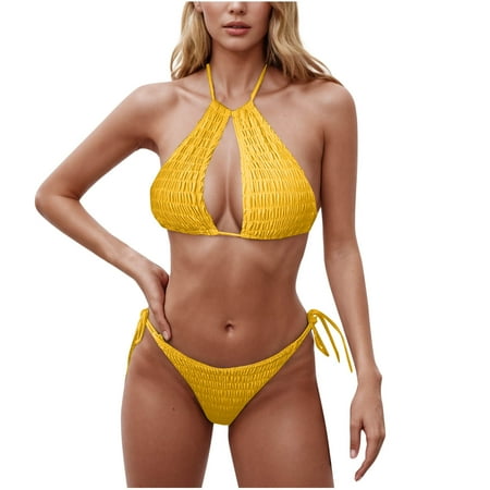 OSFVNOXV Thong Swimsuits for Women 2-Piece Bikini Sets Push Up Halter Swim Top and High Waisted G-String Thong Beachwear Bathing Suit Savings