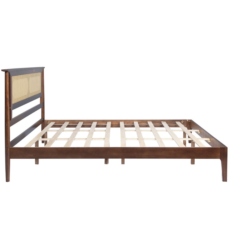 King Size Wooden Platform Bed with Rattan Headboard, Low-Profile Bed Frame with 8.6'' Under-Bed Storage