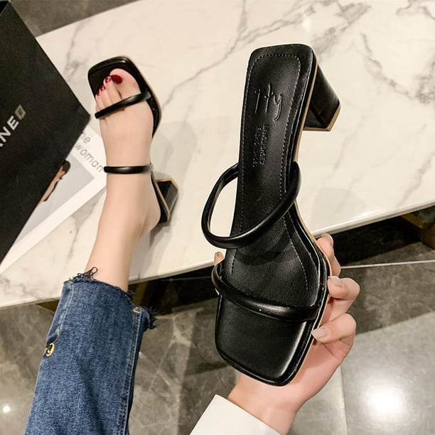 2023, verano para mujer, una palabra con tacones cuadrados, tacones altos, gente perezosa, punta cuadrada, punta abierta, exterior, usar sandalias de playa medio arrastre39 Gao Jinjia LED