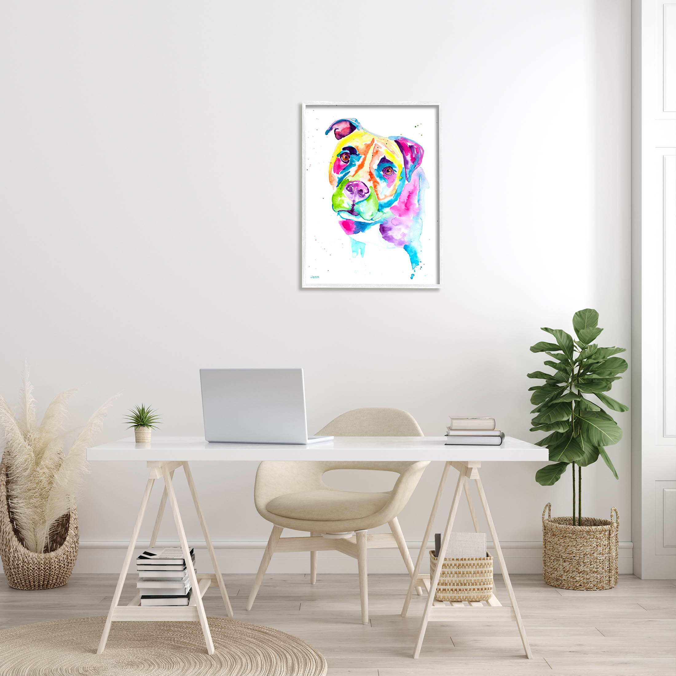 Pit Bull Casual Watercolor Style Animals & Insects Graphic Art White Framed Art Print Wall Art