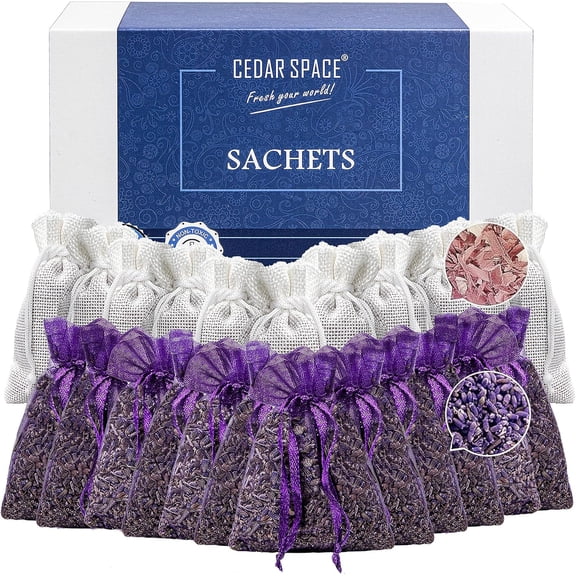 Lender Sachet Bags for Drawers and Closets(24 Pack),Potpourri Bags,Dried Lender Flowers,Cedar Blocks for Clothes Storage Scent Air Freshener, Cedar Chips Lendar for Home Fragrance