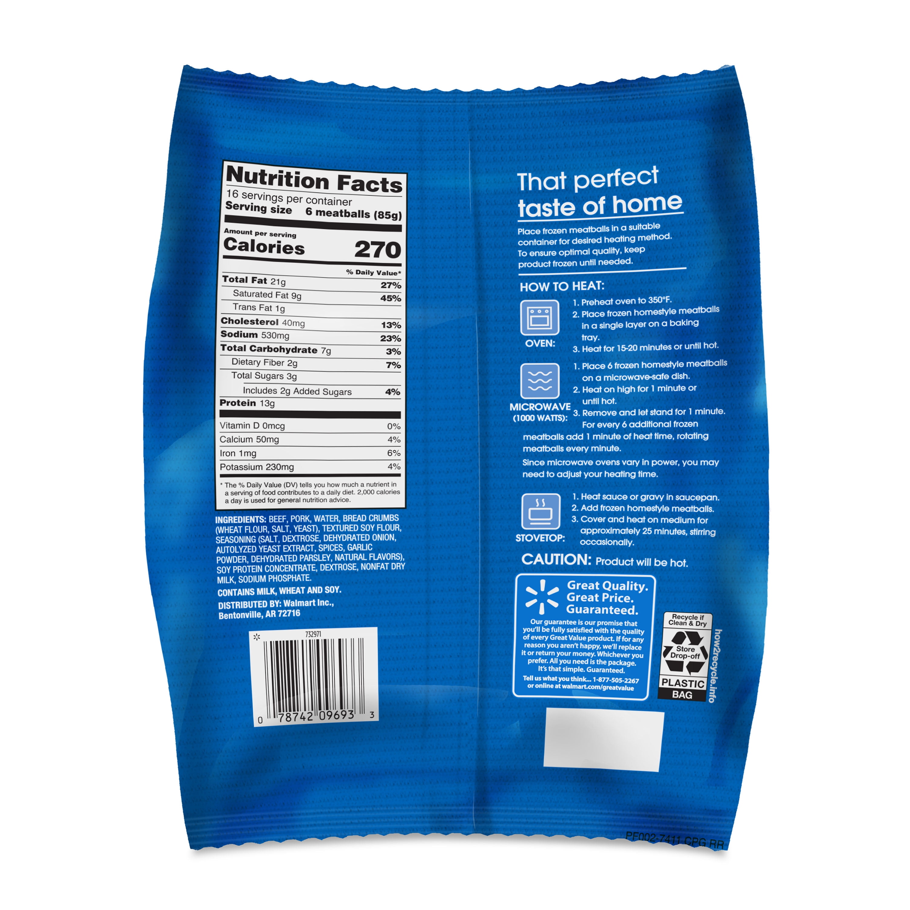 Great Value Fully Cooked Homestyle Meatballs, Family Size, 48 oz (Frozen)