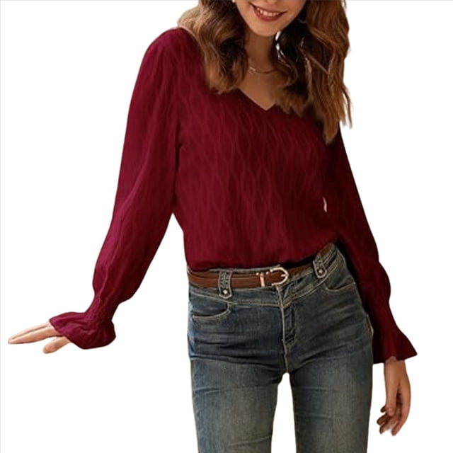 Camisa de Larga para Mujer, Moda de Otoño, Color Liso, Cuello en V, Camiseta de Larga. Vino Tinto L