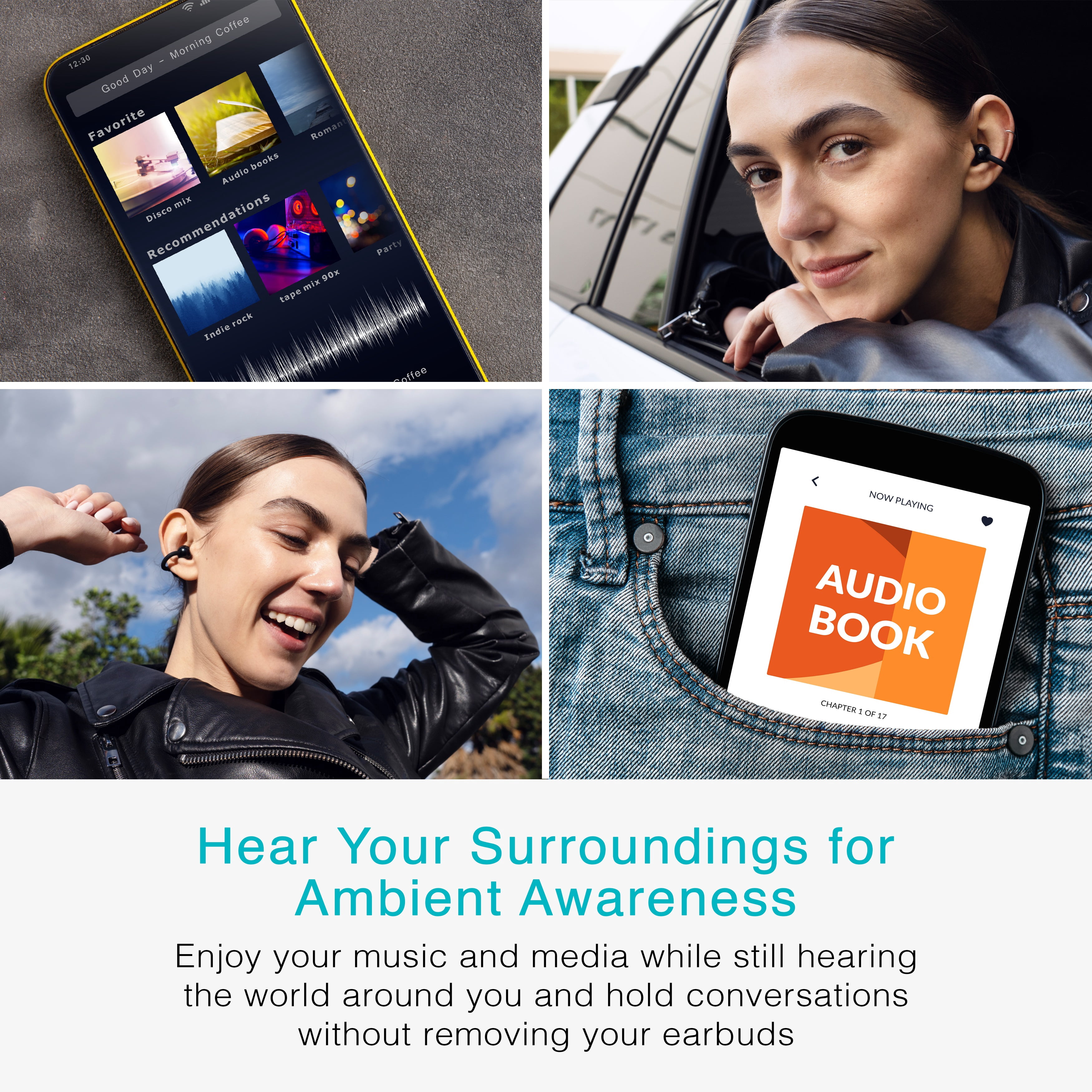 MEE audio Pebbles Air Open Ear True Wireless Earbuds: Earclip Headphones with Headset (Onyx)