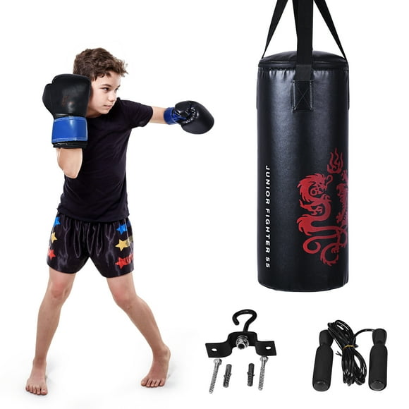 Gymax Ensemble de Boxe pour Enfant, Exercice, Ensemble de Boxe avec Sac de Sable, Gants, Crochet et Corde à Sauter