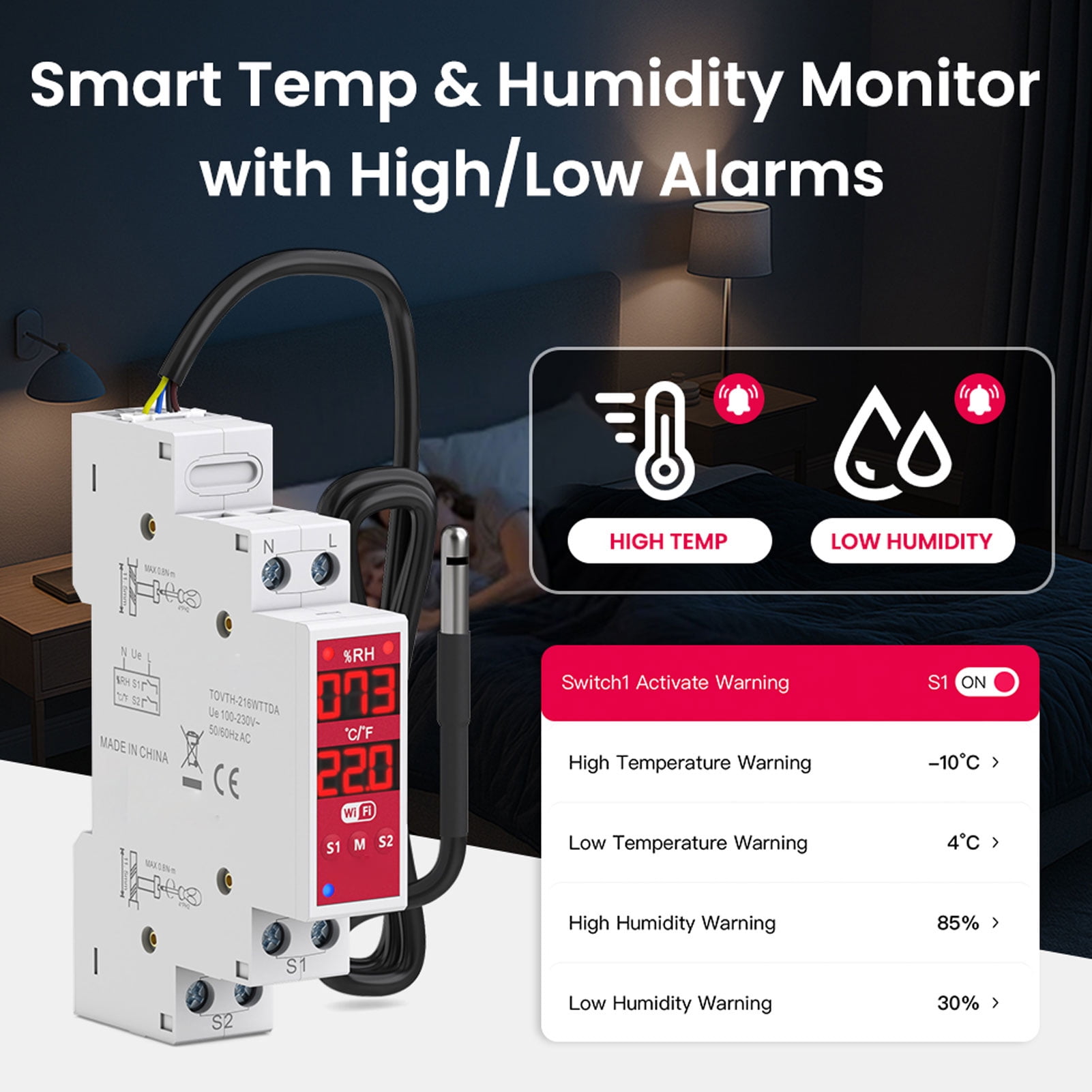 Suodoka WiFi Smart Temperature Humidity Switch 16A DIN Rail Mount Sensor -10-100C / 14-212F for Incubator Breeding Farm