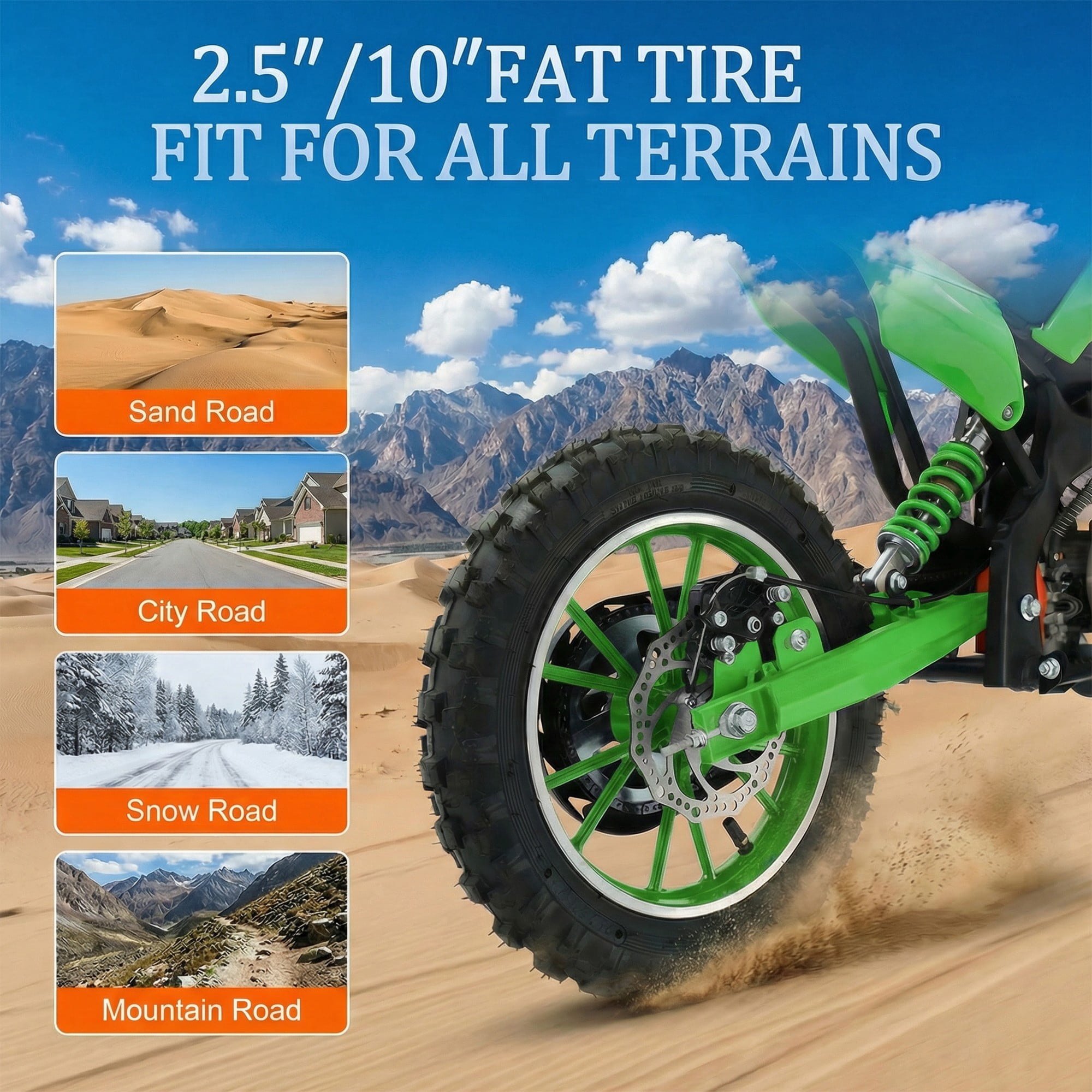 FONA 49cc Kids Dirt Bike 2-Stroke, 25MPH Mini Motorcycle for Ages 8–12, Dual Disc Brakes, Stable Suspension, Off-Road Tires, Soft Seat Green