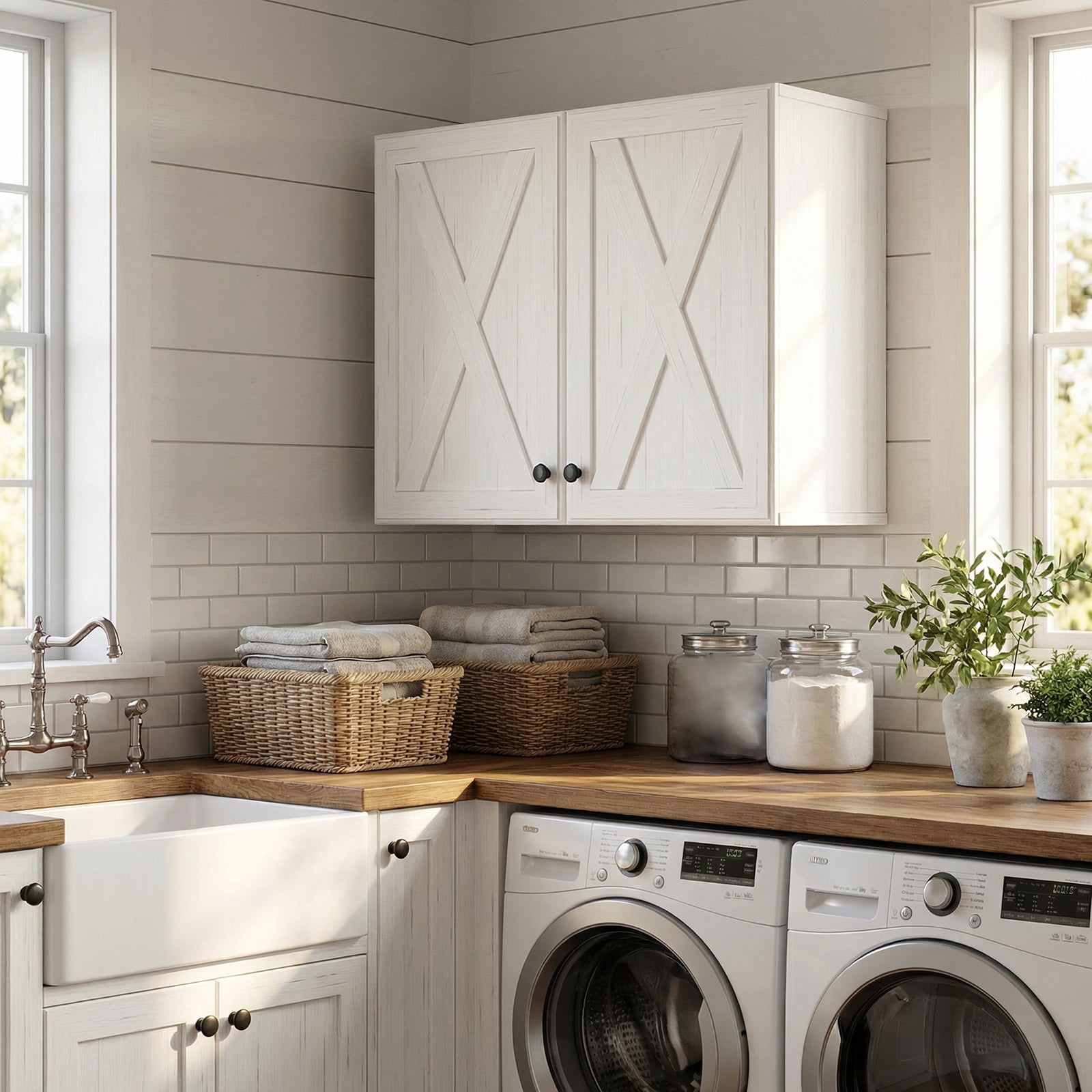 30" W Laundry Room Wall Cabinets, Farmhouse Wall Cabinet with Adjustable Shelf, Wall Mounted Storage Cabinet, Floating Cabinet for Bathroom, Kitchen