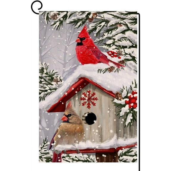 Shmbada Winter Cardinal Bird Garden Flag 12x18 Vertical Double Sided Trees Snow Christmas Holiday Outside Decorations Burlap Yard Flag
