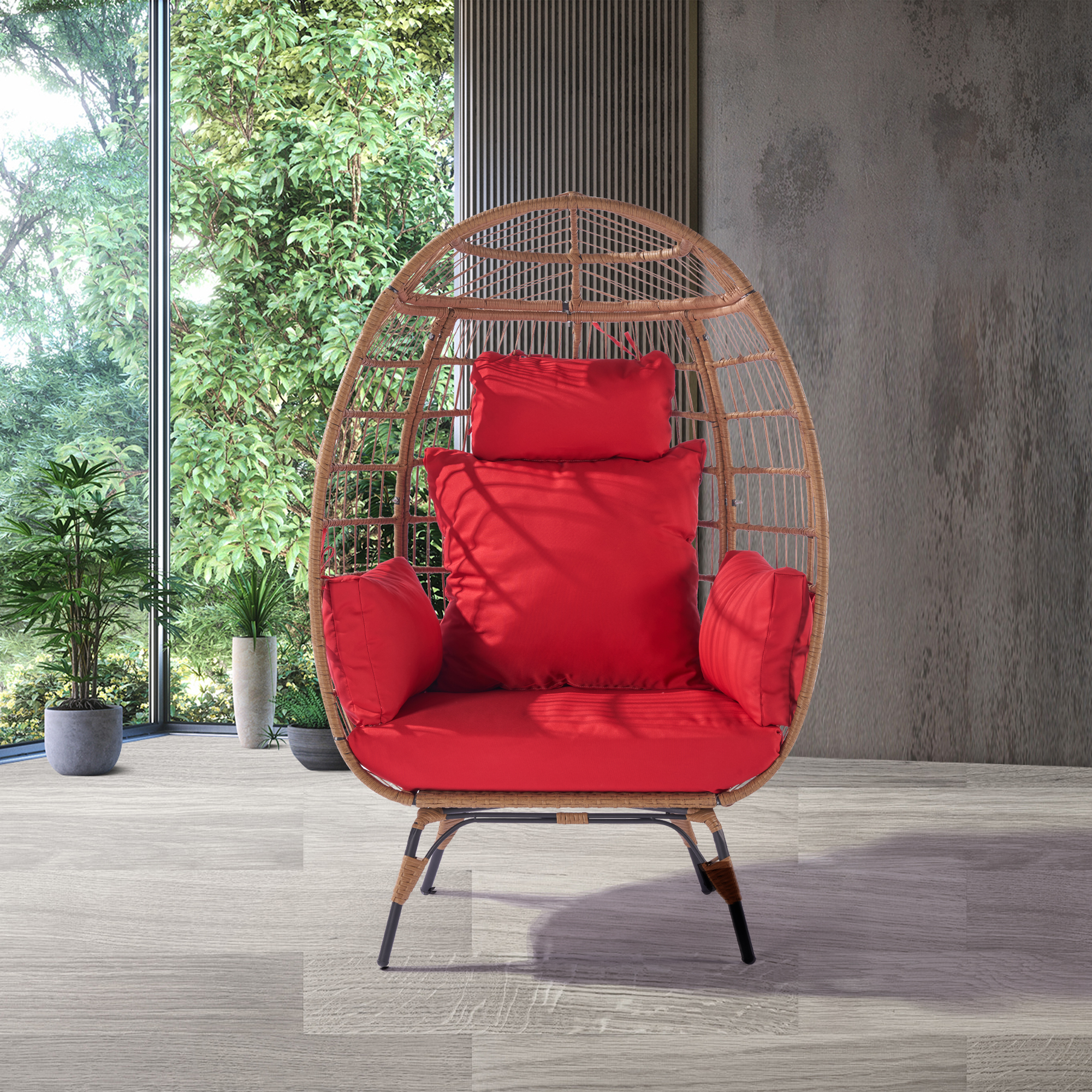 Boho Stationary Wicker Egg Chair,Outdoor Garden Rattan Egg Swing Chair