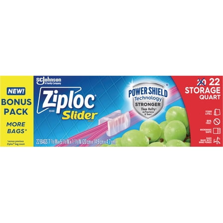 Ziploc Slider Storage Bags, Reusable Quart Size Bags, Power Shield Technology, 22 Count