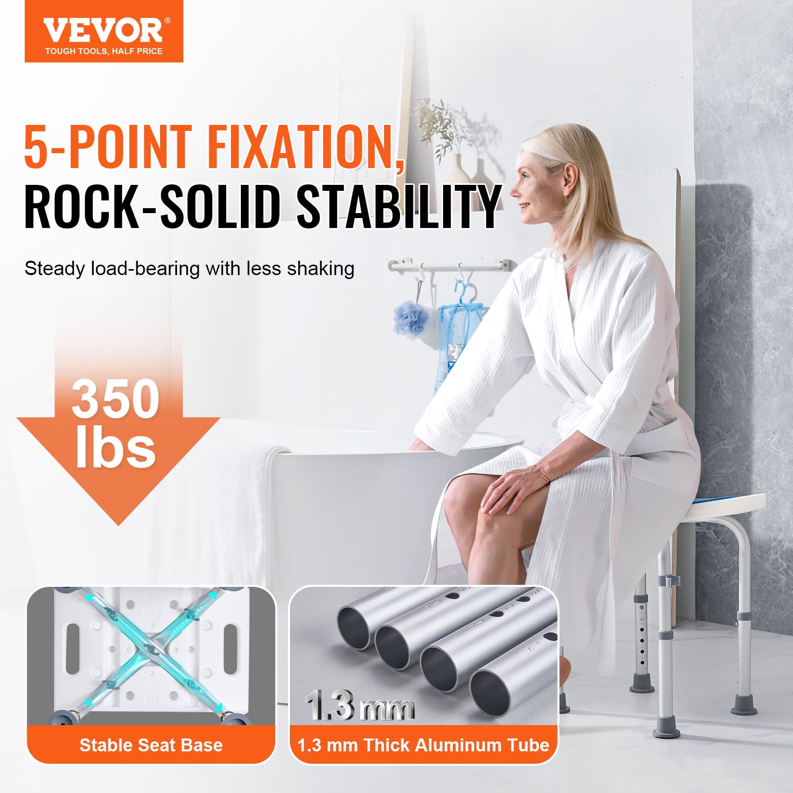 VEVOR Shower Chair, Adjustable Height Shower Stool, Shower Seat for Inside Shower or Tub, 350 LBS Capacity