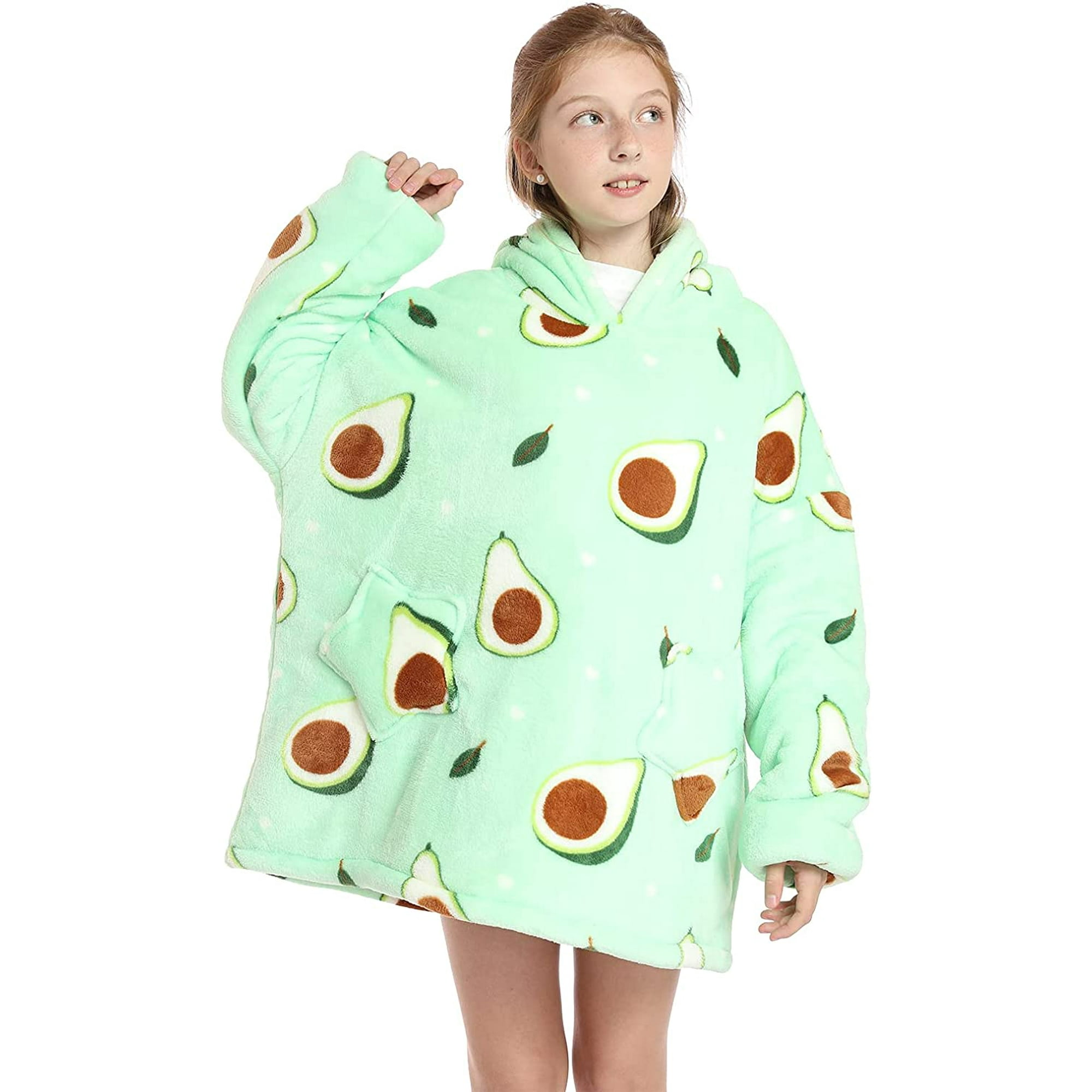 Wearable Blanket Hoodie for Kids Oversized Sweatshirt Hooded Blanket Girls Boy Cute Super Soft Warm Flannel Blanket with Pocket and Sleeves Green Avocado Walmart