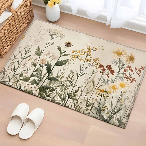 Botanical Bathroom Mats 2x3 FT, Non Slip Small Kitchen Mat, Retro Plant Wildflower Green Leaf Ferns Washable Soft Backed Front Door Throw Rugs Non-Shedding Indoor Outdoor Doormat for Entryway Sink
