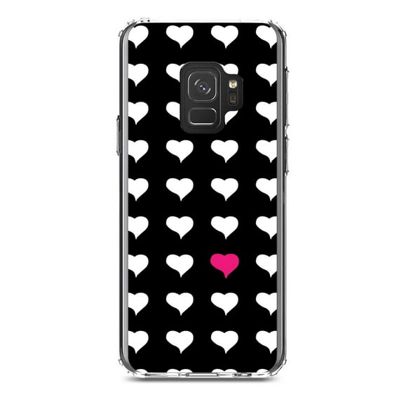 DistinctInk Clear Shockproof Hybrid Case for Samsung Galaxy S9 (5.8" Screen) - TPU Bumper, Acrylic Back, Tempered Glass Screen Protector - Pink White Black Repeating Hearts
