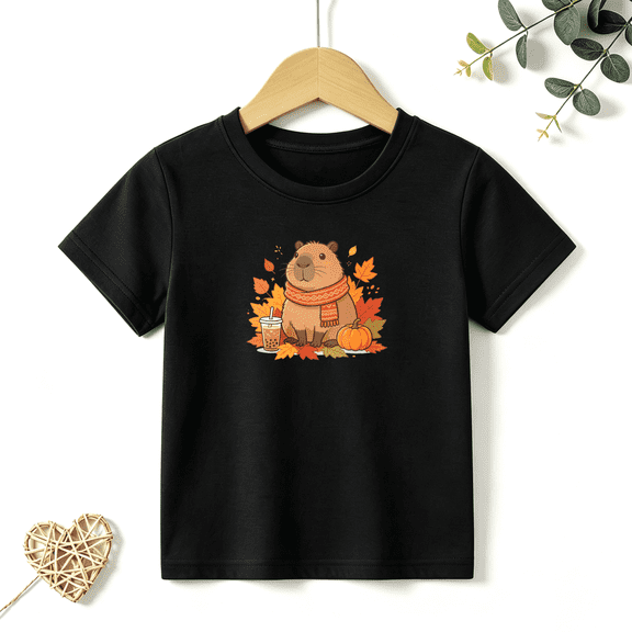 Boys Graphic Tees Fall Capybara Pumpkin Kids T Shirt Thanksgiving 100% Cotton Short Sleeve Soft Tops 4-13Y