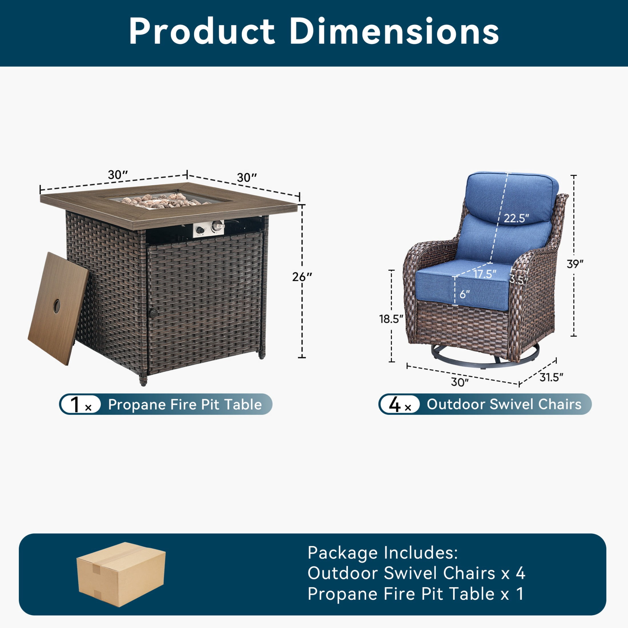 Unnifurnzi 5 Pieces Outdoor Patio Furniture Set with Fire Pit-Outdoor Swivel Chairs Set of 4 Small Patio Furniture Set for Deck Porch Poolside-Brown/Blue