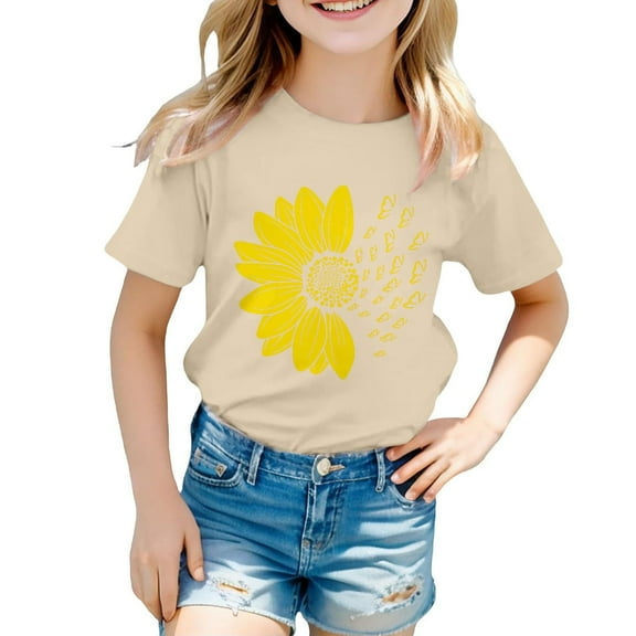 XADYUY Girls Tee Shirts 7-16 Crewneck Sunflower Print Girls Shirts Short Sleeve Tshirts Toddler Summer Cute Cotton Tops 5-6 Years,Beige
