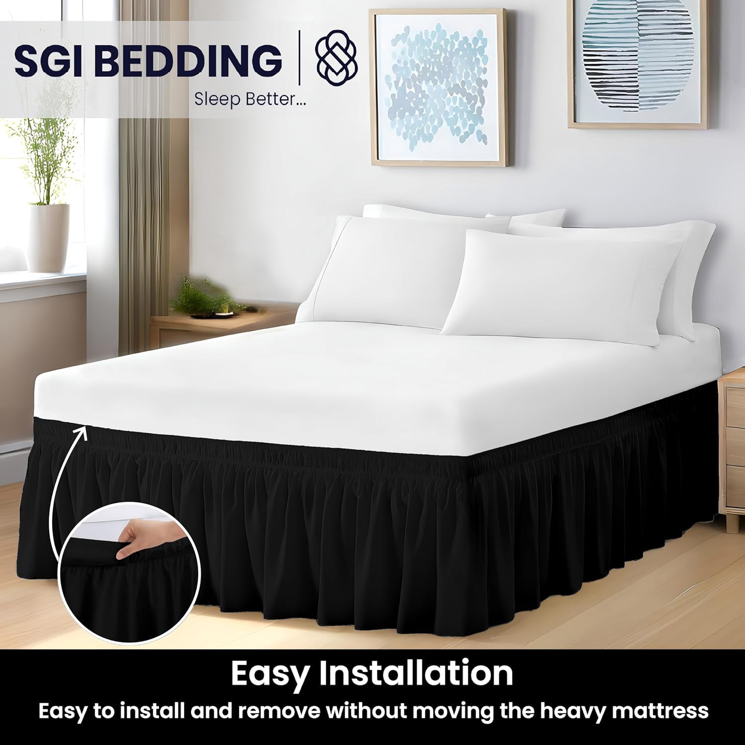 SGI bedding 12 inch Drop Wraparound Bed Skirt King Size - No Lifting Required, Adjustable Easy Fit Elastic Strap, Classic Gathered Styling Dust Ruffle, Fade Resistant -Black