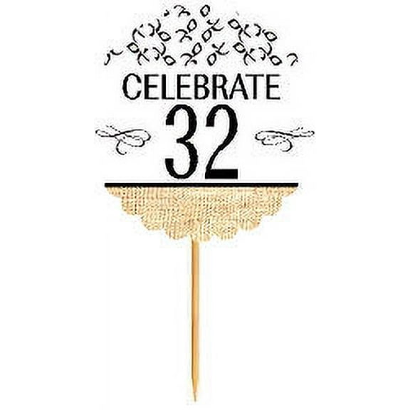 32nd Birthday / Anniversary Novelty Burlap Cupcake Decoration Picks -12pack