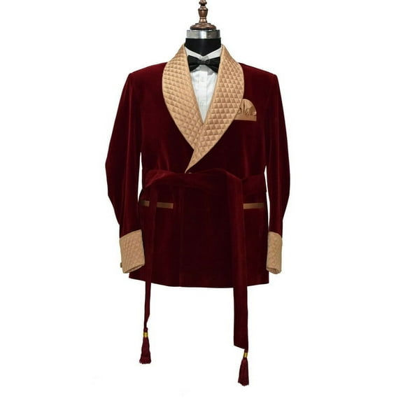 Modern Gentleman Mens Quilted Red Velvet Dressing Gown – Luxurious Leisure Coat