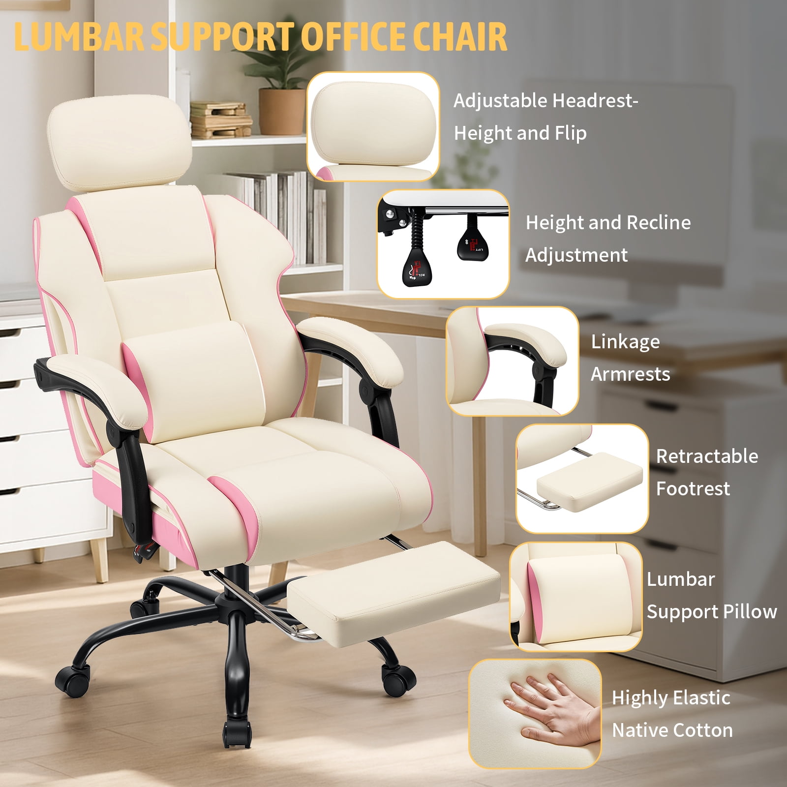 HOFFREE Executive Office Chair with Footrest White Computer Chair with Arms for Home Room and Study Leather Desk Chair with Adjustable Headrest for Teens