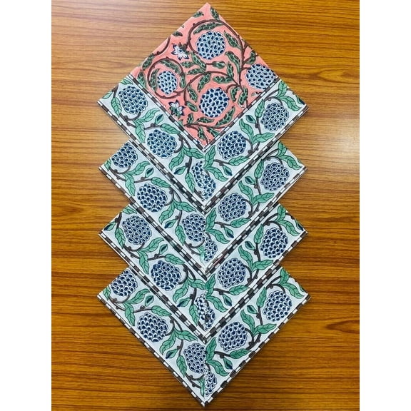 New Era Creation Dark Salmon Pink, Sage Green, Delft Blue Indian Hand Block Floral Print Cotton Cloth Napkins Size Farmhouse Wedding Event Home Party Gift