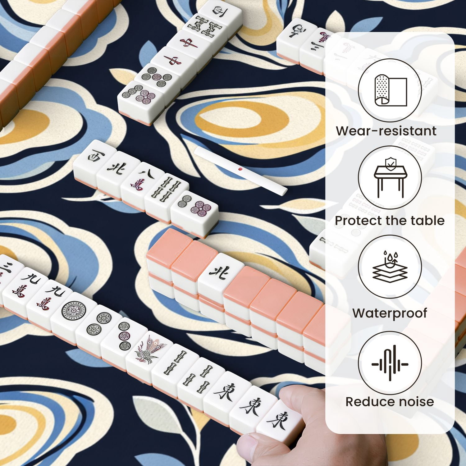 Mahjong Mat 31.5" x 31.5" Abstract Oyster Shell Blue Beige White Layers Dark Non-Slip Noise Reduction Mahjong Tiles Table Cover for Dominoes Poker Card Board and Tile Games